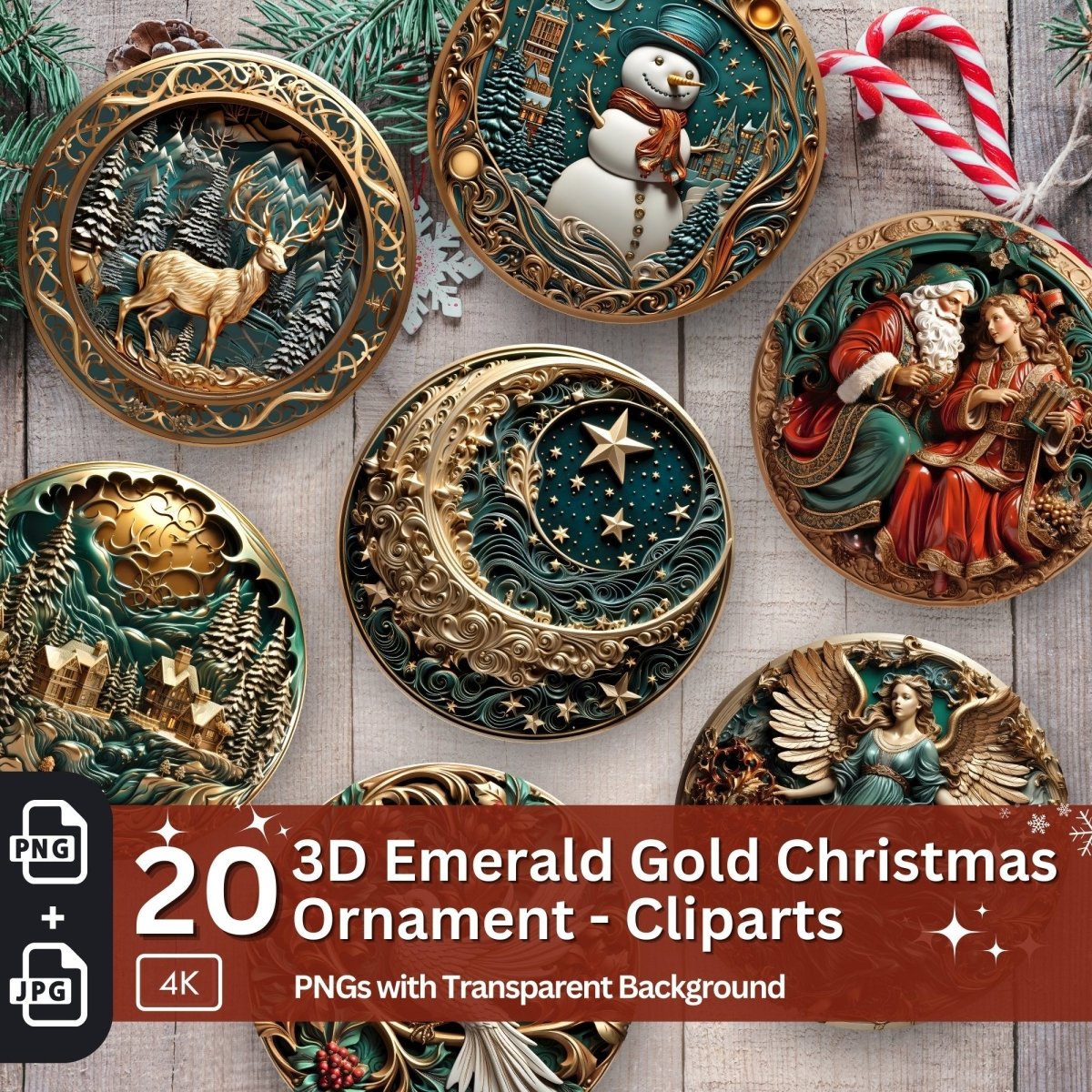 3D Christmas Ornament 20 PNG Bundle Emerald Green Gold Sublimation Design Stylish 3D Effect Round Christmas Decoration Clipart - Everything Pixel