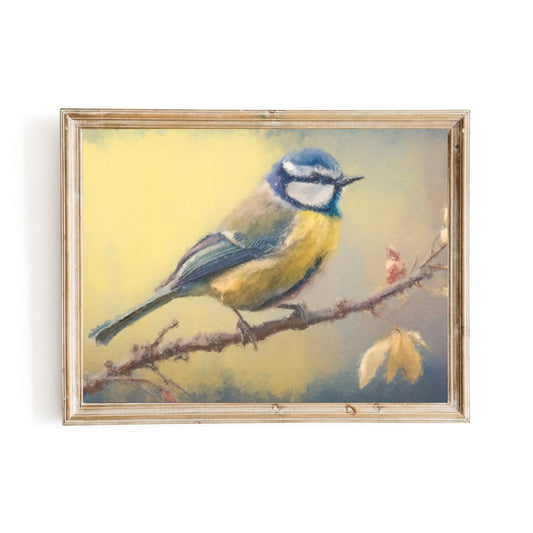A Bluetit sitting on a twig Vintage Bird oil Painting - Everything Pixel