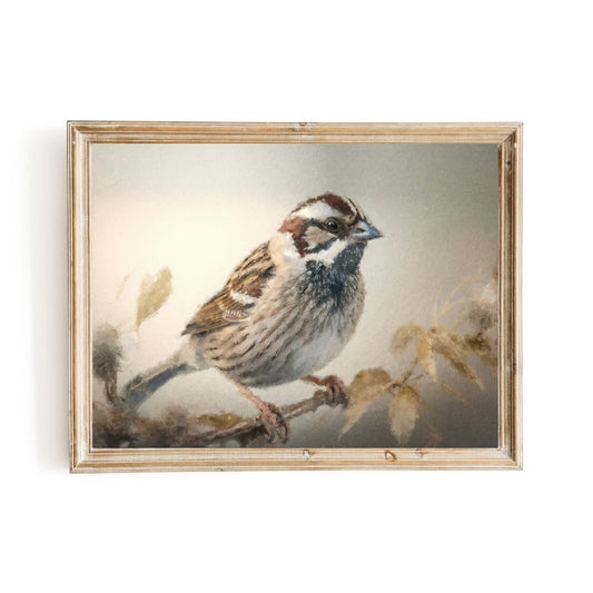 A Sparrow sitting on a twig Vintage Oil Bird Painting - Everything Pixel