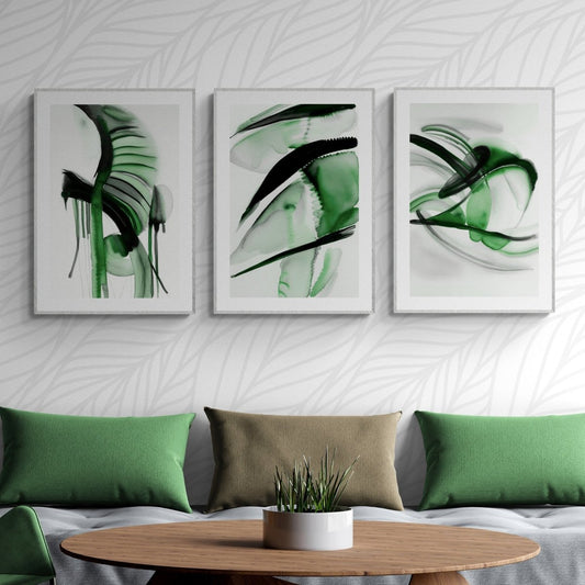 Abstract Sage Green Wall Art Set of 3 Watercolor Paintings Modern Green Black White 3 Piece Triptych Artwork - Everything Pixel