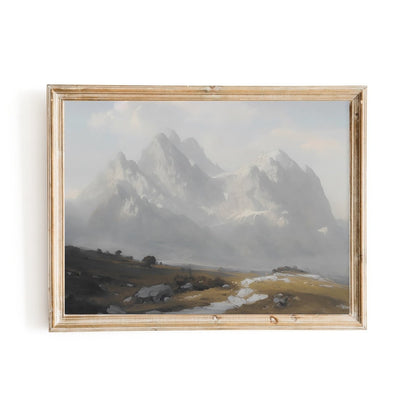 Alpine mountain oil painting vintage art majestic mountains rustic decor cottagecore - Everything Pixel