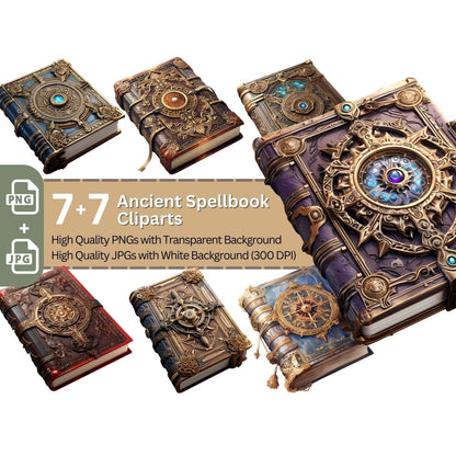 Ancient Spellbook 7+7 PNG Clip Art Bundle Magic Fantasy Book - Everything Pixel