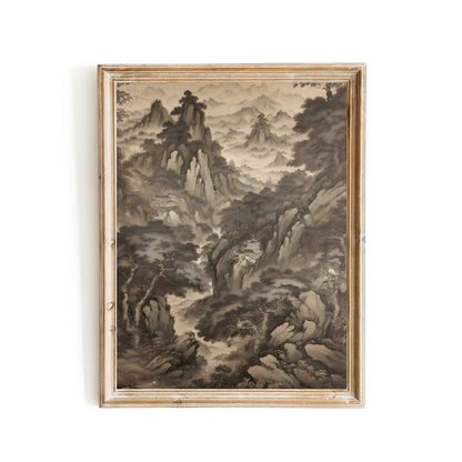 Antique Moody Japanese Painting Poster Japanese mountains and monasteries Baroque - Everything Pixel