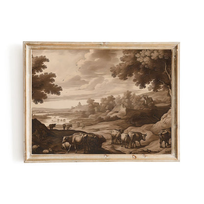 Antique Moody Rural Wall Art Country Landscape with Animals - Everything Pixel