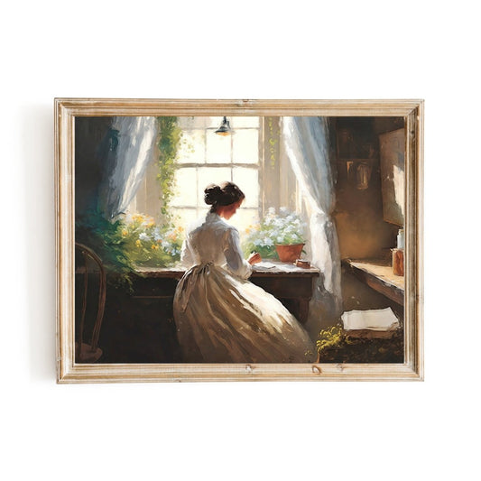 Antique Portrait Woman Working Wall Art of victorian Woman working in front of a window - Everything Pixel
