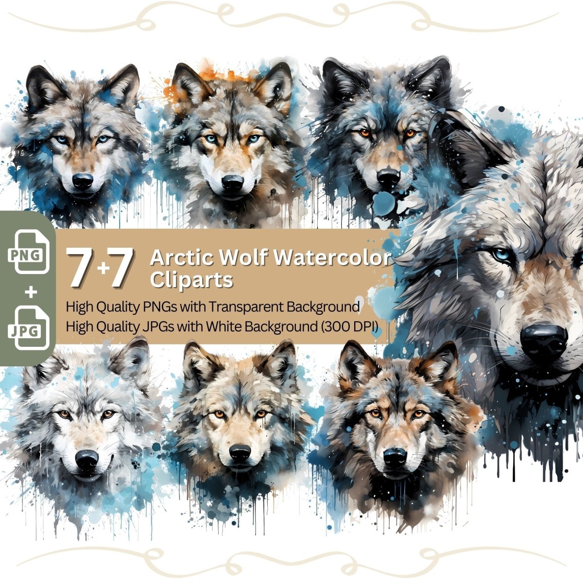 Arctic Wolf Clipart 7+7 PNG Bundle Watercolor Artwork - Everything Pixel