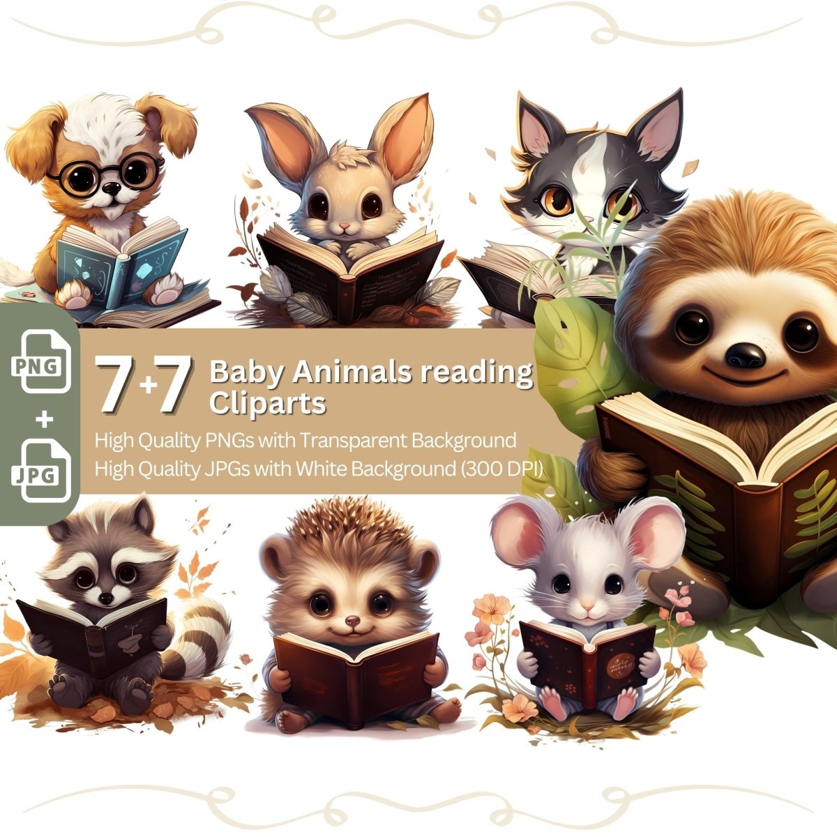 Baby Animals reading a Book Clipart 7+7 PNG/JPG Bundle Bookworm - Everything Pixel