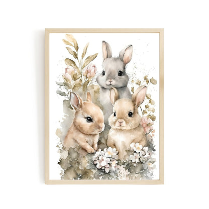 Baby bunny with flowers animal wall art - gender neutral - Everything Pixel
