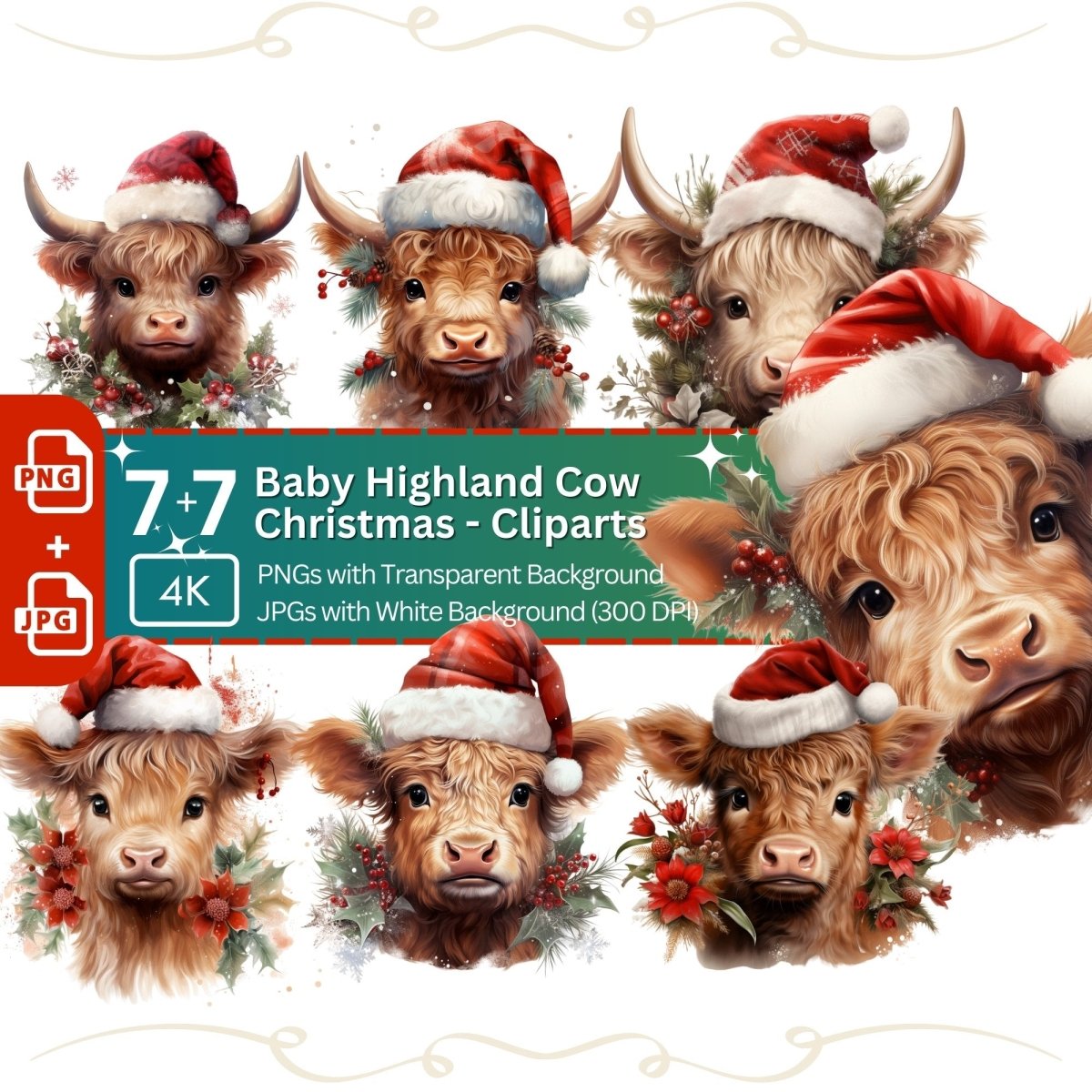 Baby Highland Cow with Santa Hat Clipart 7+7 PNG JPG Christmas - Everything Pixel