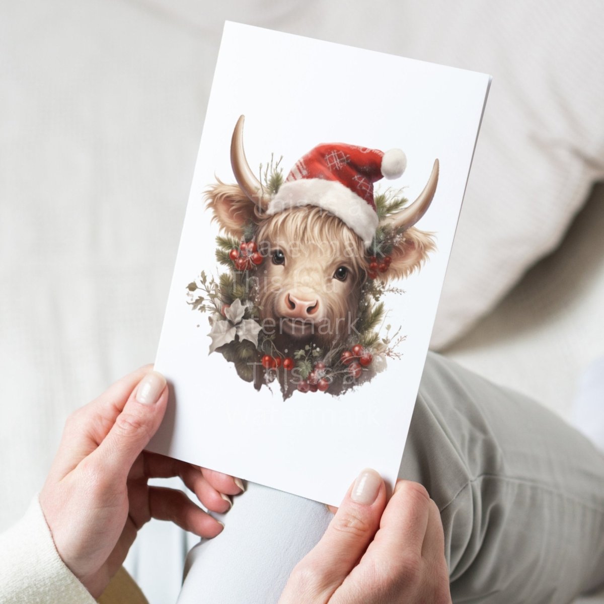 Baby Highland Cow with Santa Hat Clipart 7+7 PNG JPG Christmas Invitation Card Graphic Paper Crafting Artwork T-Shirt Sublimation Design - Everything Pixel