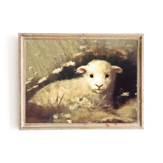 Baby Sheep sitting in high grass and wildflowers Vintage Sheep Oil Painting - Everything Pixel