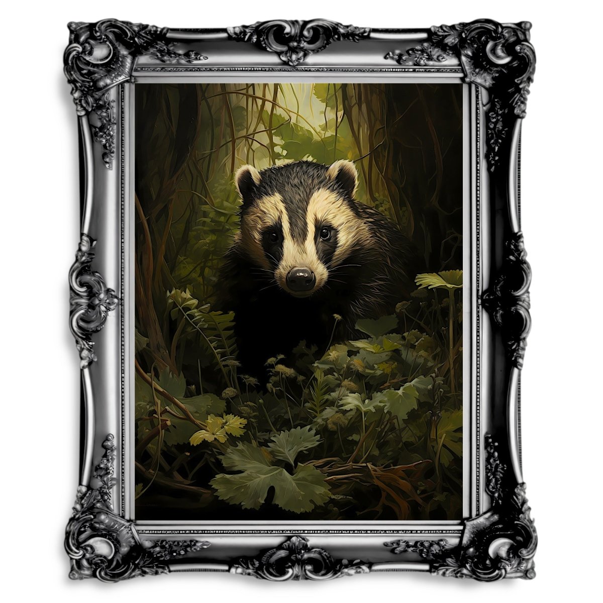 Badger in Moody Forest Dark Cottagecore Vintage Dark Academia Painting - Paper Poster Print - Everything Pixel