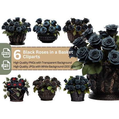 Basket with Black Roses 6+6 PNG Bundle for Sublimation & Clipart - Everything Pixel