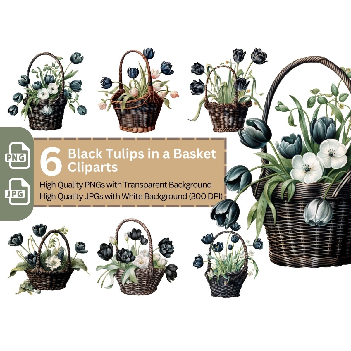 Basket with Black Tulips 6+6 PNG Bundle for Sublimation & Clipart - Everything Pixel