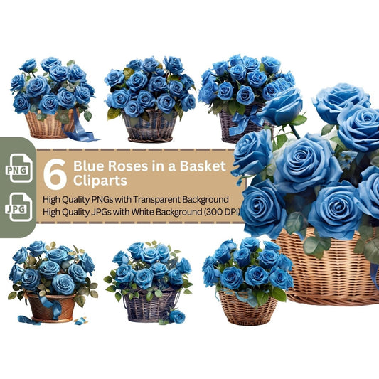 Basket with Blue Roses 6+6 PNG Bundle for Sublimation & Clipart - Everything Pixel