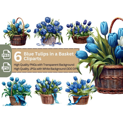 Basket with Blue Tulips 6+6 PNG Bundle for Sublimation & Clipart - Everything Pixel