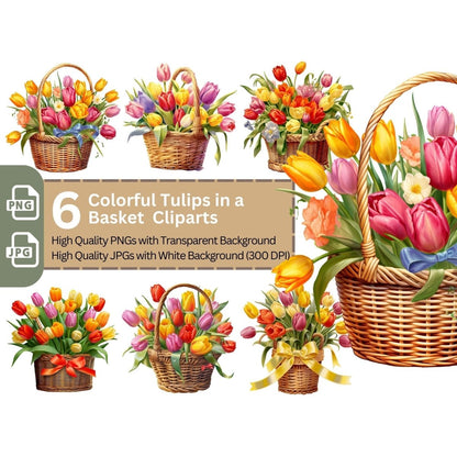 Basket with Colorful Tulips PNG Bundle for Sublimation & Clipart - Everything Pixel