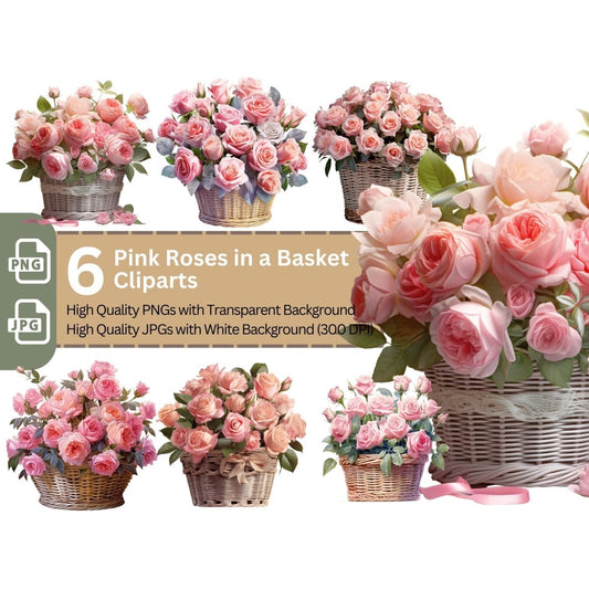 Basket with Pink Roses 6+6 PNG Bundle for Sublimation & Clipart - Everything Pixel