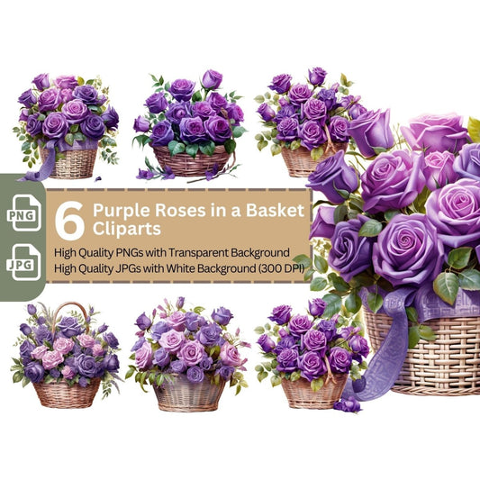 Basket with Purple Roses 6+6 PNG Bundle for Sublimation & Clipart - Everything Pixel