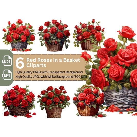 Basket with Red Roses 6+6 PNG Bundle for Sublimation & Clipart - Everything Pixel