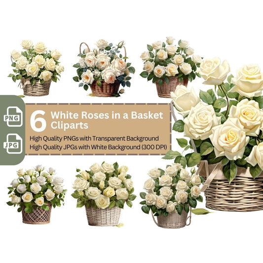 Basket with White Roses 6+6 PNG Bundle for Sublimation & Clipart - Everything Pixel