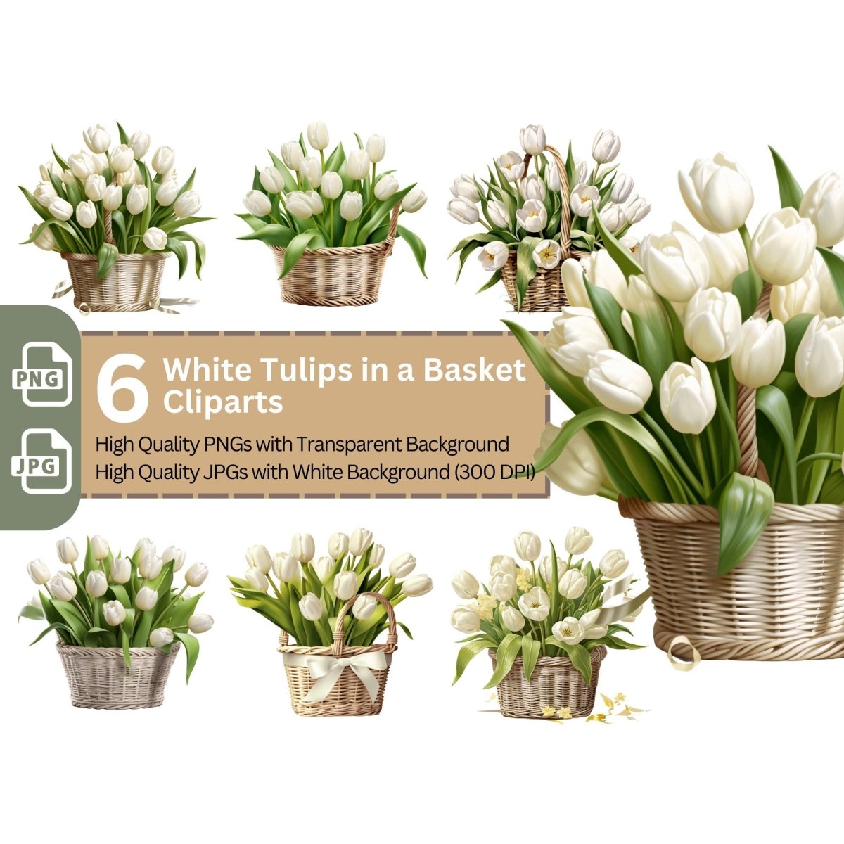Basket with White Tulips 6+6 PNG Bundle for Sublimation & Clipart - Everything Pixel
