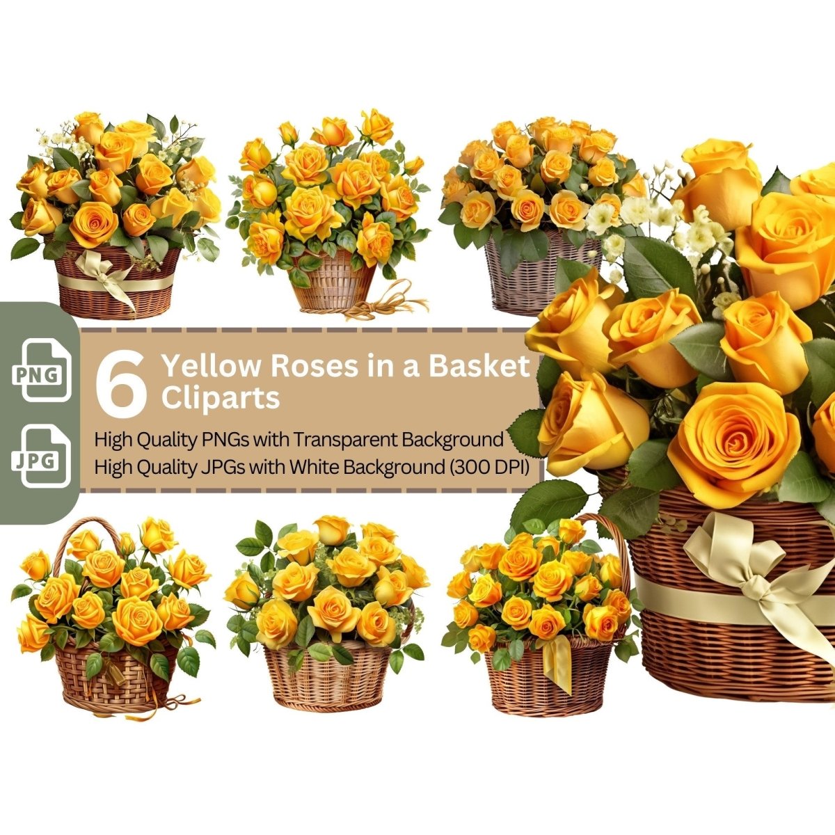 Basket with Yellow Roses 6+6 PNG Bundle for Sublimation & Clipart - Everything Pixel