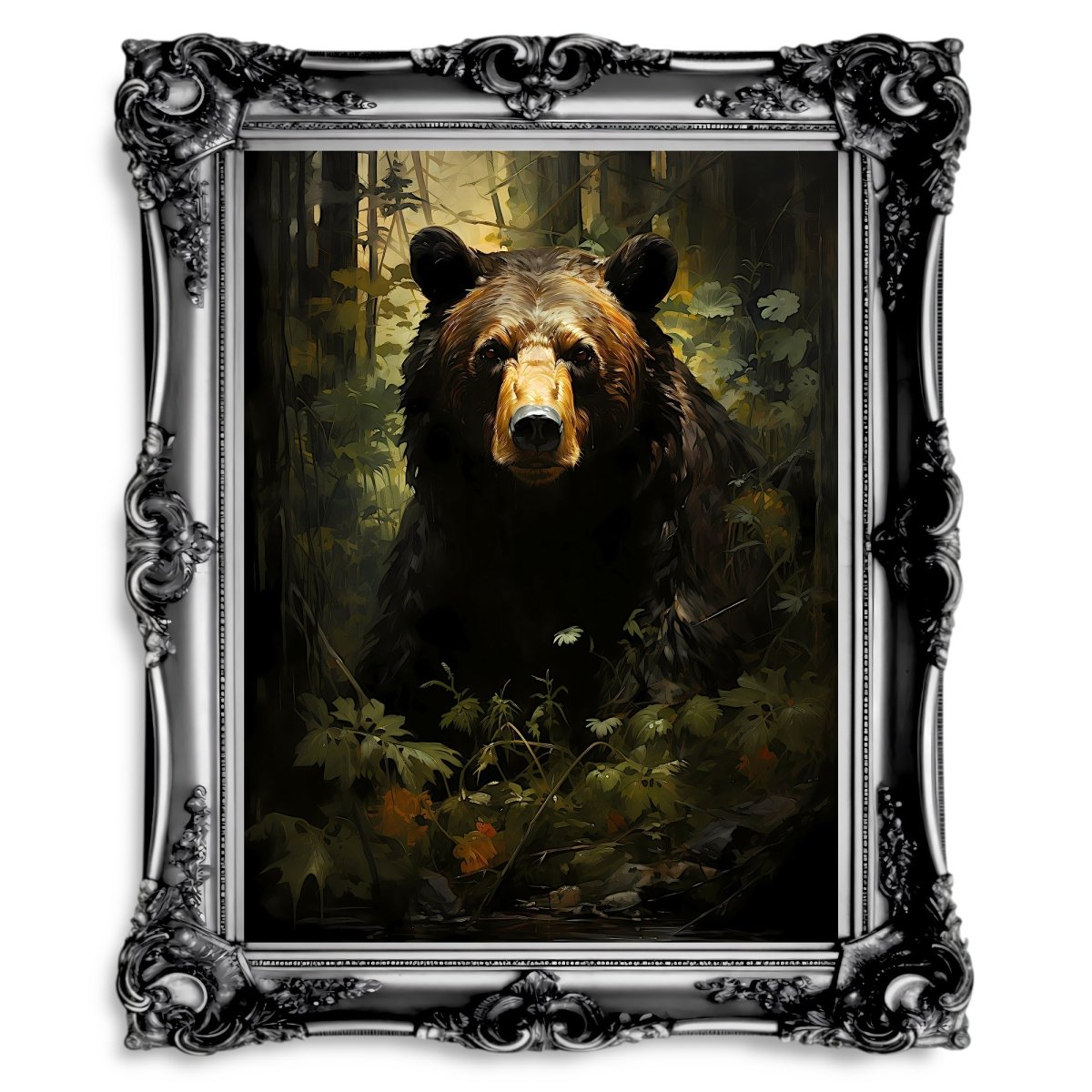 Bear in Moody Forest ark Cottagecore Vintage Dark Academia Painting - Paper Poster Print - Everything Pixel