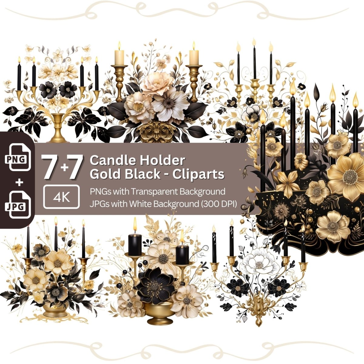 Black and Gold Candle Holder Clipart 7+7 PNG JPG Gothic Bundle - Everything Pixel