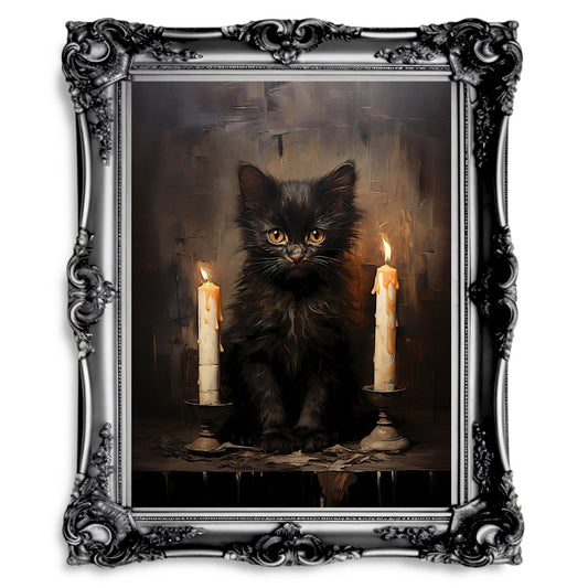 Black Halloween Cat Vintage Oil Painting Dark Cottagecore Gothic Halloween - Paper Poster Print - Everything Pixel