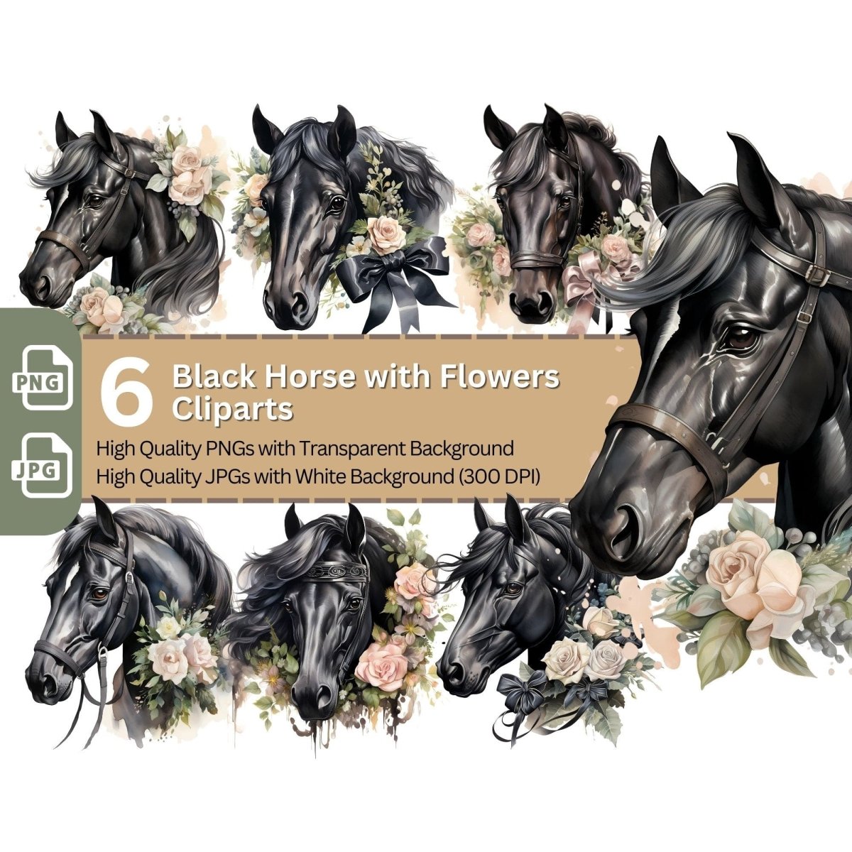 Black Horse with Flowers Cliparts 6+6 High Quality PNG Animal - Everything Pixel