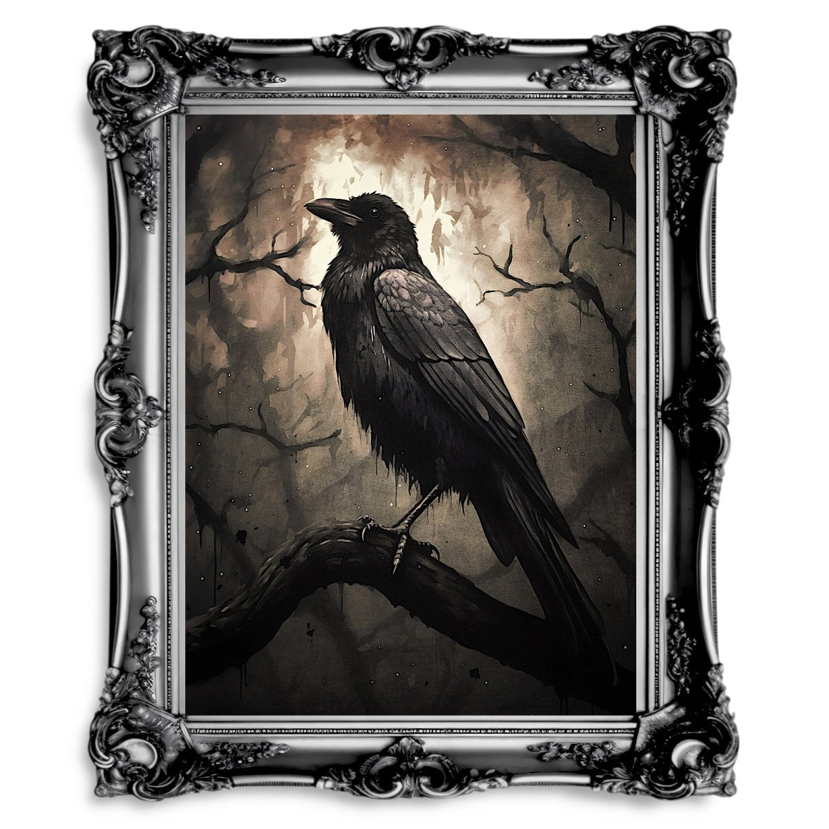 Black Raven in Dark Forest Moonlit Cottagecore Wildlife Painting - Everything Pixel