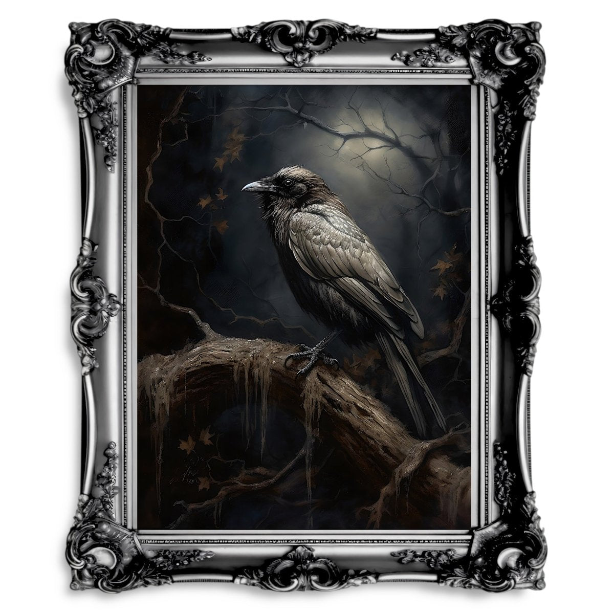 Black Raven in Dark Forest Wall Art Dark Academia Goblincore Victorian Moody Antique Painting Witchy Gothic Cottagecore Decor - Everything Pixel