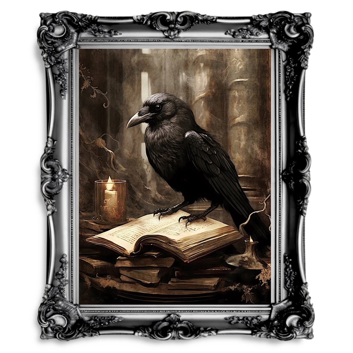 Black Raven in Library Dark Academia Gothic Artwork Paper Poster Print - Dark Cottagecore Wall Art - Everything Pixel