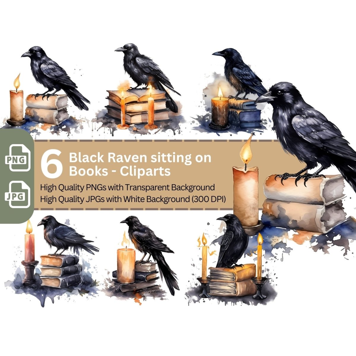 Black Raven on Books 6+6 PNG Clip Art Bundle Watercolor - Everything Pixel