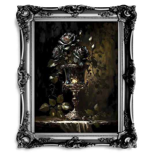 Black Roses in Goblet Dark Cottagecore Vintage Oil Painting Dark Academia - Everything Pixel