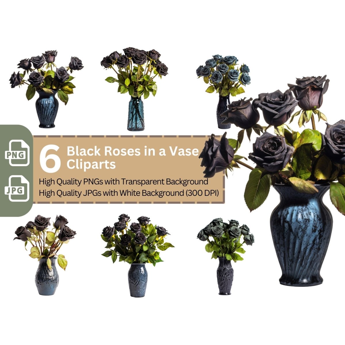 Black Roses in Vase 6+6 PNG Bundle for Sublimation Clipart - Everything Pixel