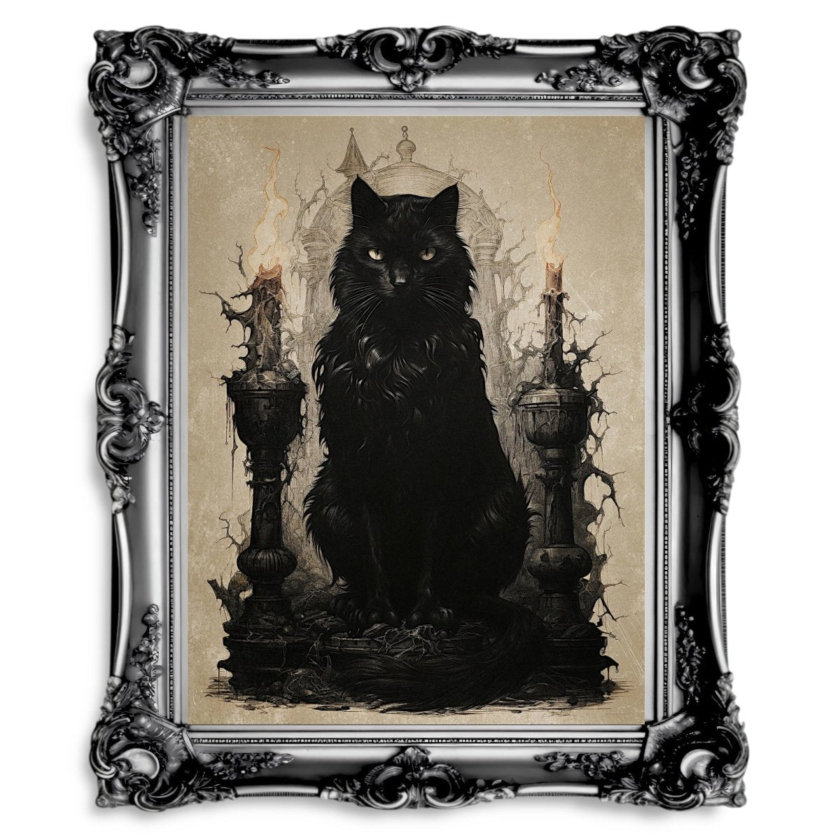 Black Witch Cat Antique Dark Cottagecore Artwork - Paper Poster Print - Everything Pixel