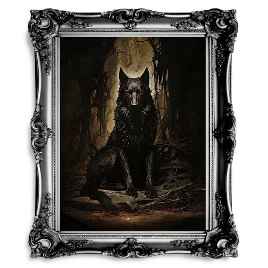 Black Wolf Portrait Moody Woodland Dark Cottagecore Artwork - Paper Poster Print - Everything Pixel