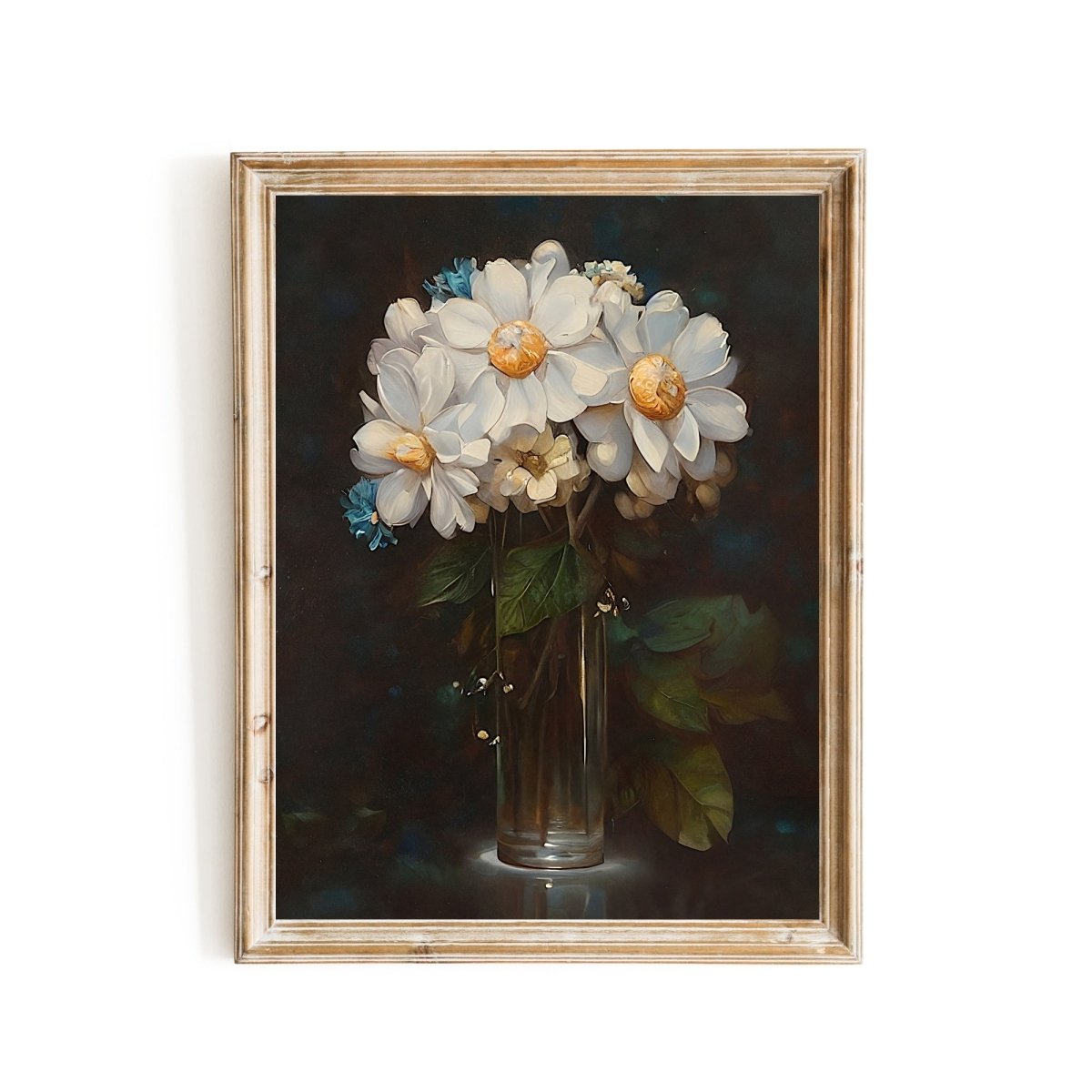 Blooming flowers in glasvase on table still life painting vintage farmhouse decor - Everything Pixel
