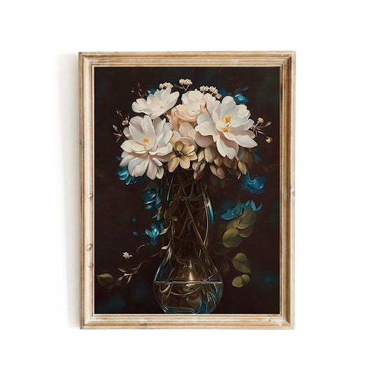 Blooming flowers in glasvase on table still life painting vintage farmhouse decor - Everything Pixel
