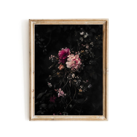 Blooming flowers on dark background still life painting vintage farmhouse decor - Everything Pixel