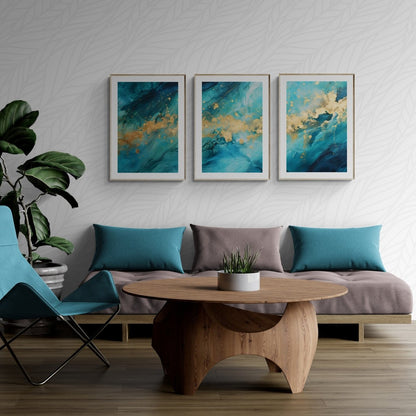 Blue and Gold Wall Art Set of 3 Prints Abstract Petrol Design with Gold Bedroom Art Modern Gold Wall Art Triptych Prints Paper Poster Print - Everything Pixel