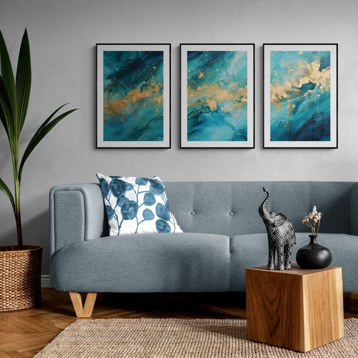 Blue and Gold Wall Art Set of 3 Prints Abstract Petrol Design with Gold ...