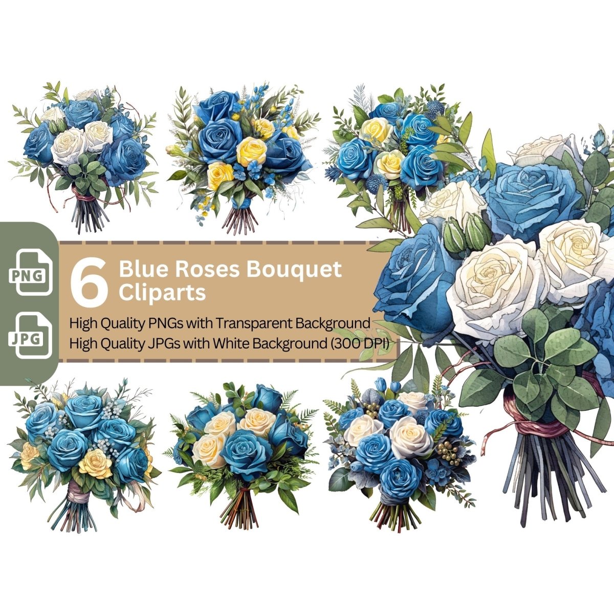 Blue Rose Bouquet 6+6 PNG Bundle for Sublimation Clipart - Everything Pixel