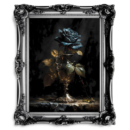 Blue Rose in Goblet Vintage Oil Painting Dark Academia - Everything Pixel