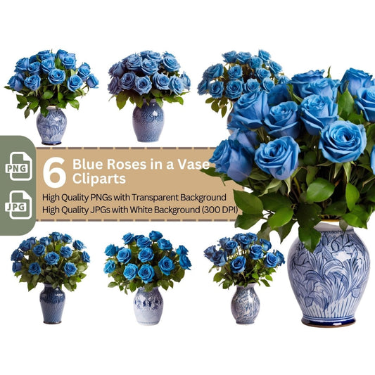 Blue Roses in Vase 6+6 PNG Bundle for Sublimation Clipart - Everything Pixel