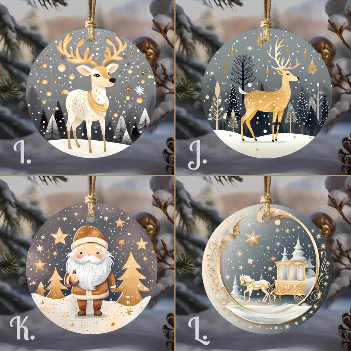 Boho Christmas Ornaments Set of 20 Round Ceramic Ornaments Printed Boho Christmas Motifs Gold Blue Festive Christmas Tree Decoration - Everything Pixel