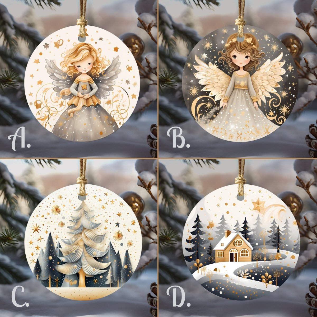 Boho Christmas Ornaments Set of 20 Round Ceramic Ornaments Printed Boho Christmas Motifs Gold Blue Festive Christmas Tree Decoration - Everything Pixel