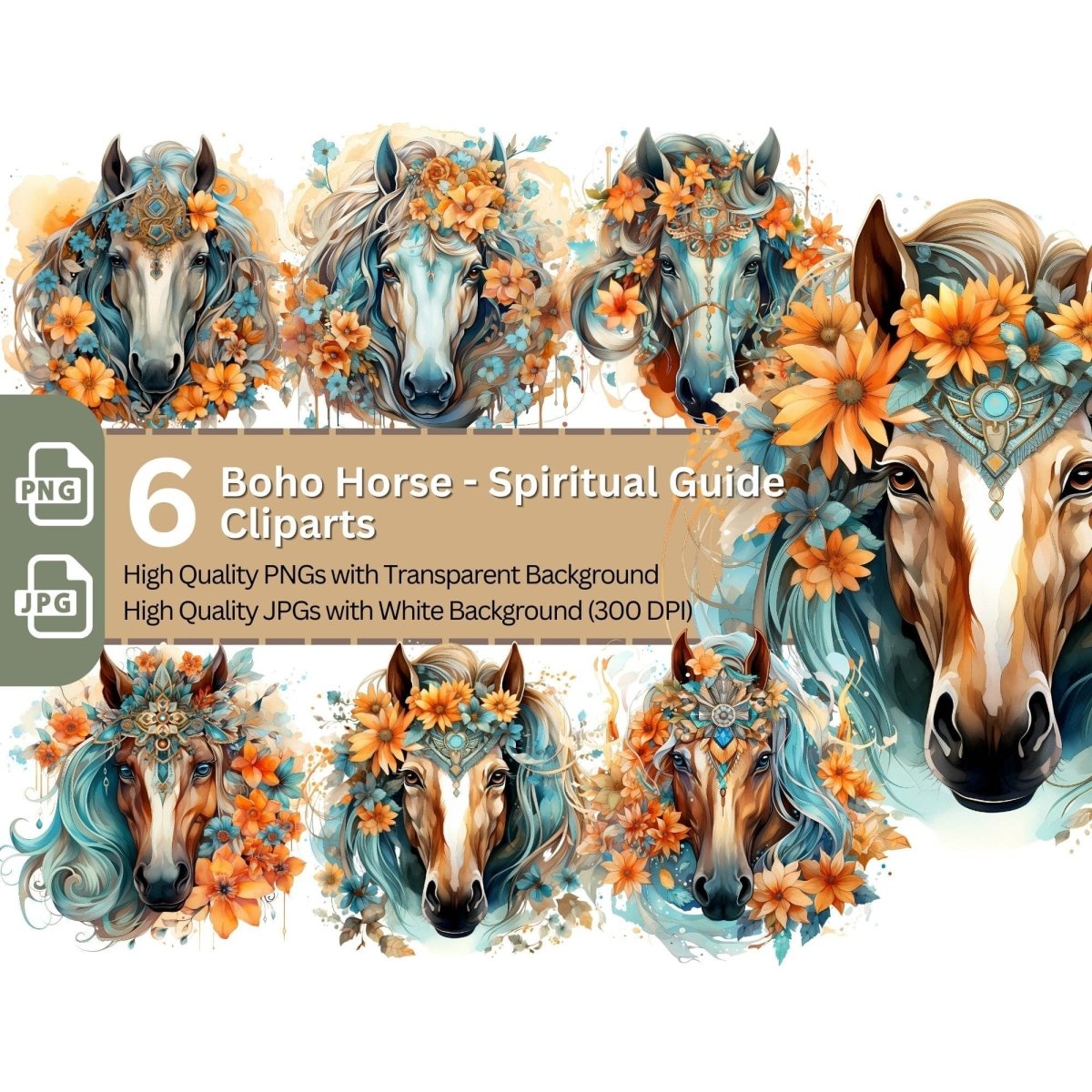 Boho Horse with Flowers Spiritual Guide Cliparts 6+6 High Quality PNG Animal - Everything Pixel